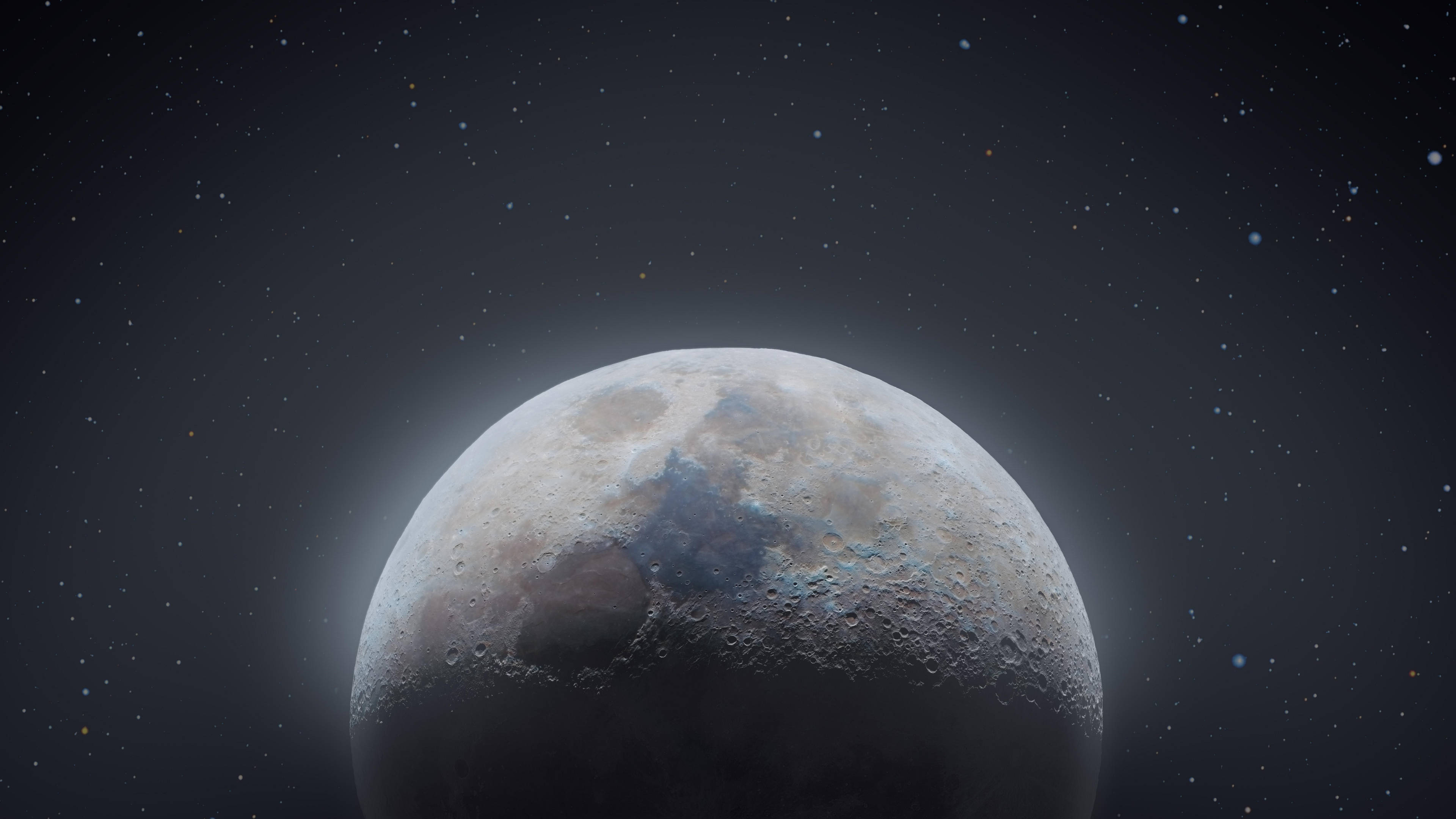 moonlight 4K 桌布 壁紙 — 月球隕石坑表面的詳細視圖，在深空星場中柔和發光。