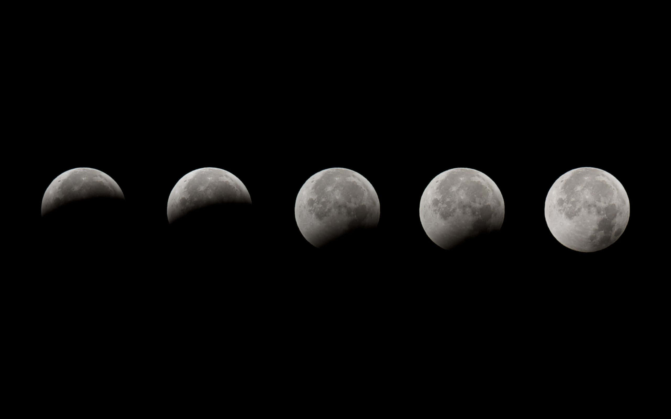 Moon Phases 桌布 壁紙 — 月食的五個連續階段顯示月球在黑色天空背景下逐漸進入地球的陰影。