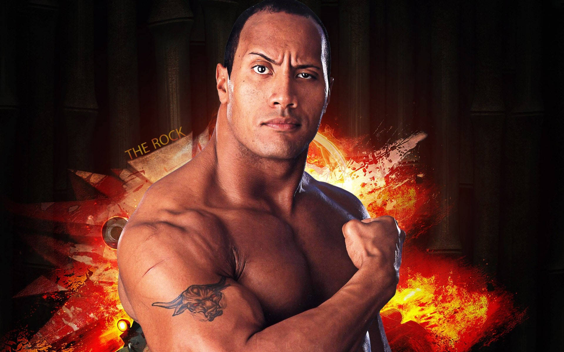 The Rock 桌布 壁紙 — 有刺青的肌肉男在熾熱爆炸背景下強力展示肌肉。