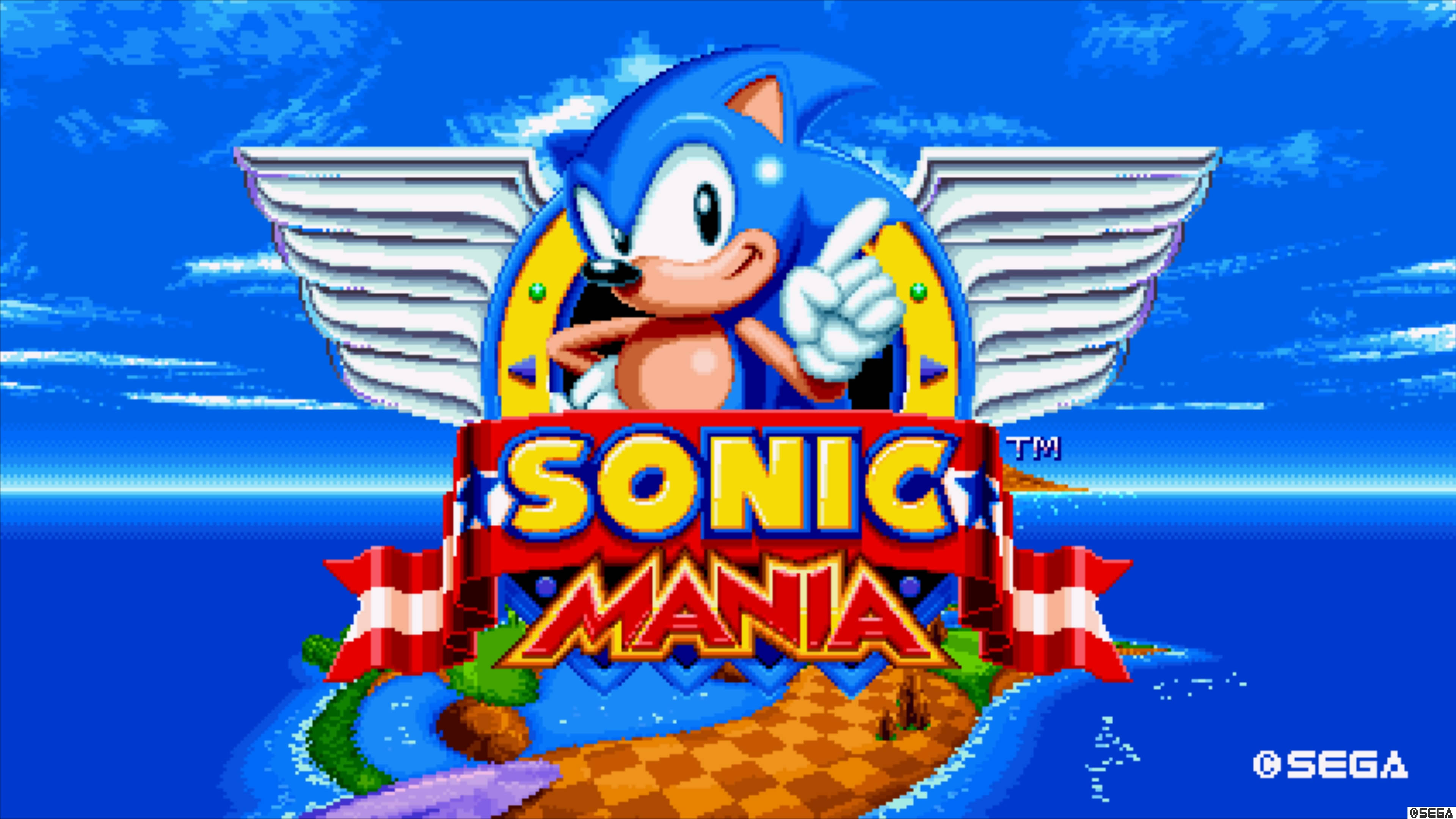 Green Hill Zone 桌布 壁紙 — 有翅膀的Sonic the Hedgehog在藍天背景下，在方格島上豎起大拇指，並有遊戲標題文字。