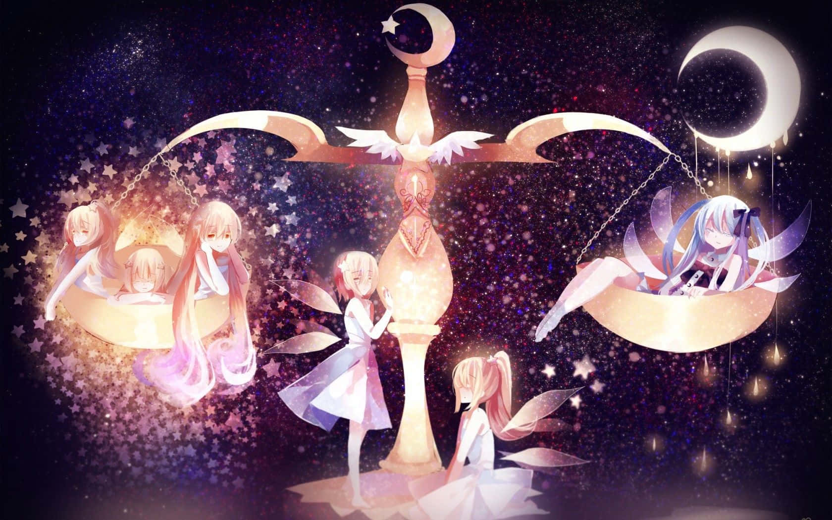 libra 桌布 壁紙 — 有翅膀的動漫女孩在星光宇宙天空下的新月上保持平衡，並有發光的天體柱。