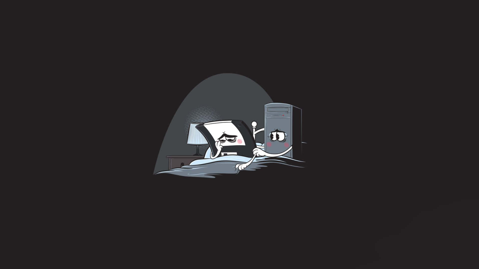 Minimalist Technology 桌布 壁紙 — 有臉的卡通電腦和顯示器在黑暗的房間裡從毯子下探出頭來。