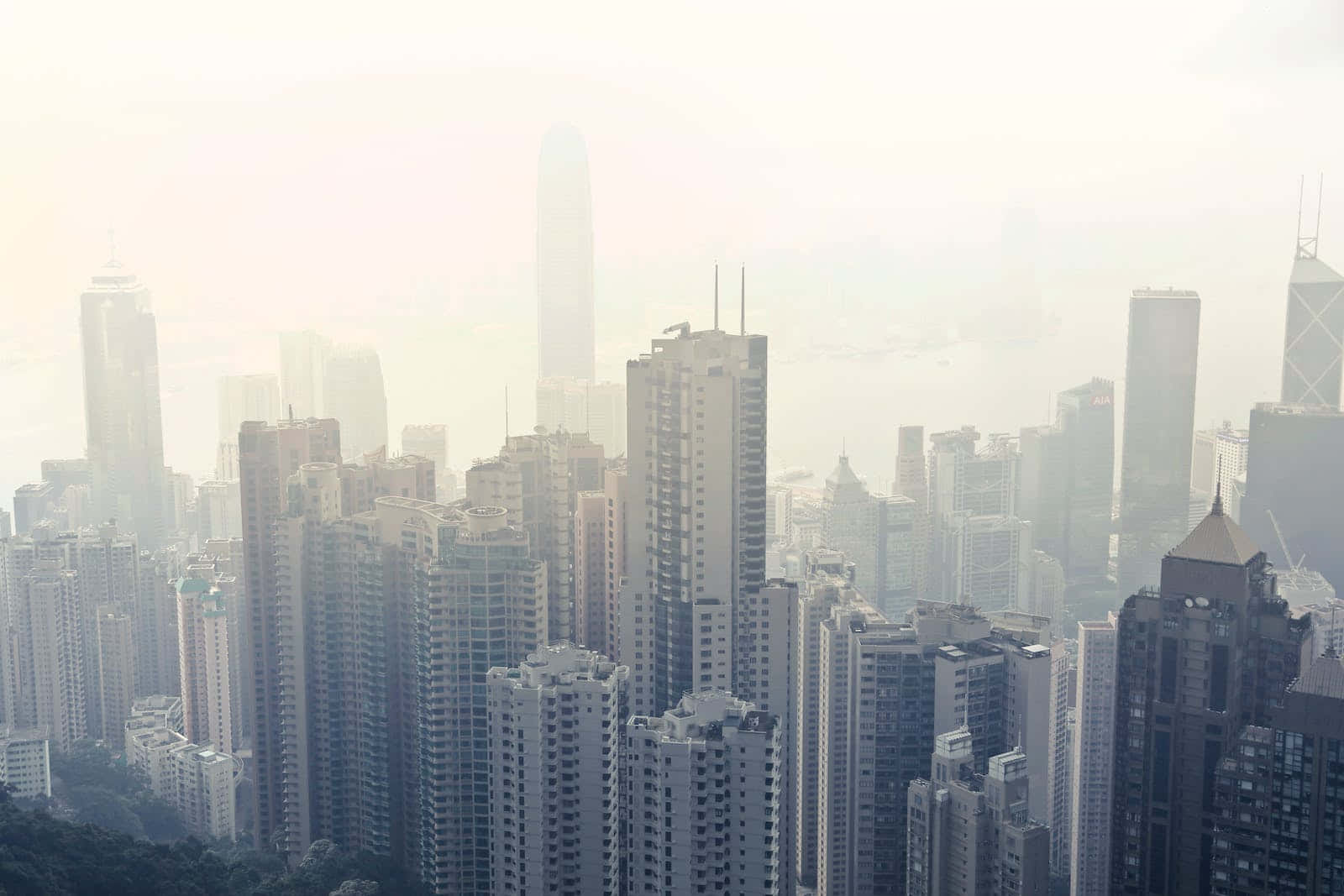 Buildings 桌布 壁紙 — 朦朧的城市天際線，高聳的摩天大樓在柔和日光下逐漸消失在迷霧中。