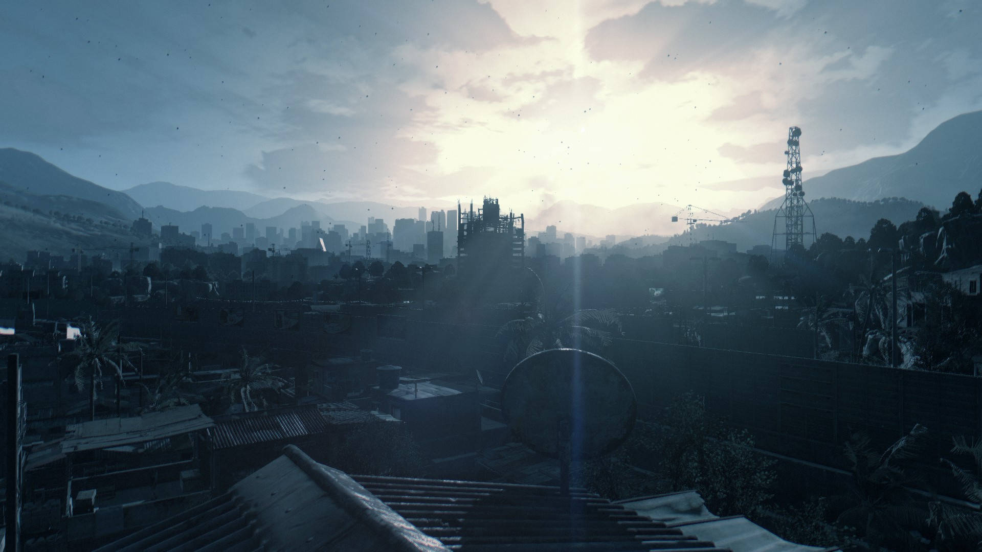 Dying Light 桌布 壁紙 — 朦朧的黎明籠罩著廣闊的城市景觀，遠山和突出的無線電塔在柔和的光線中形成剪影。