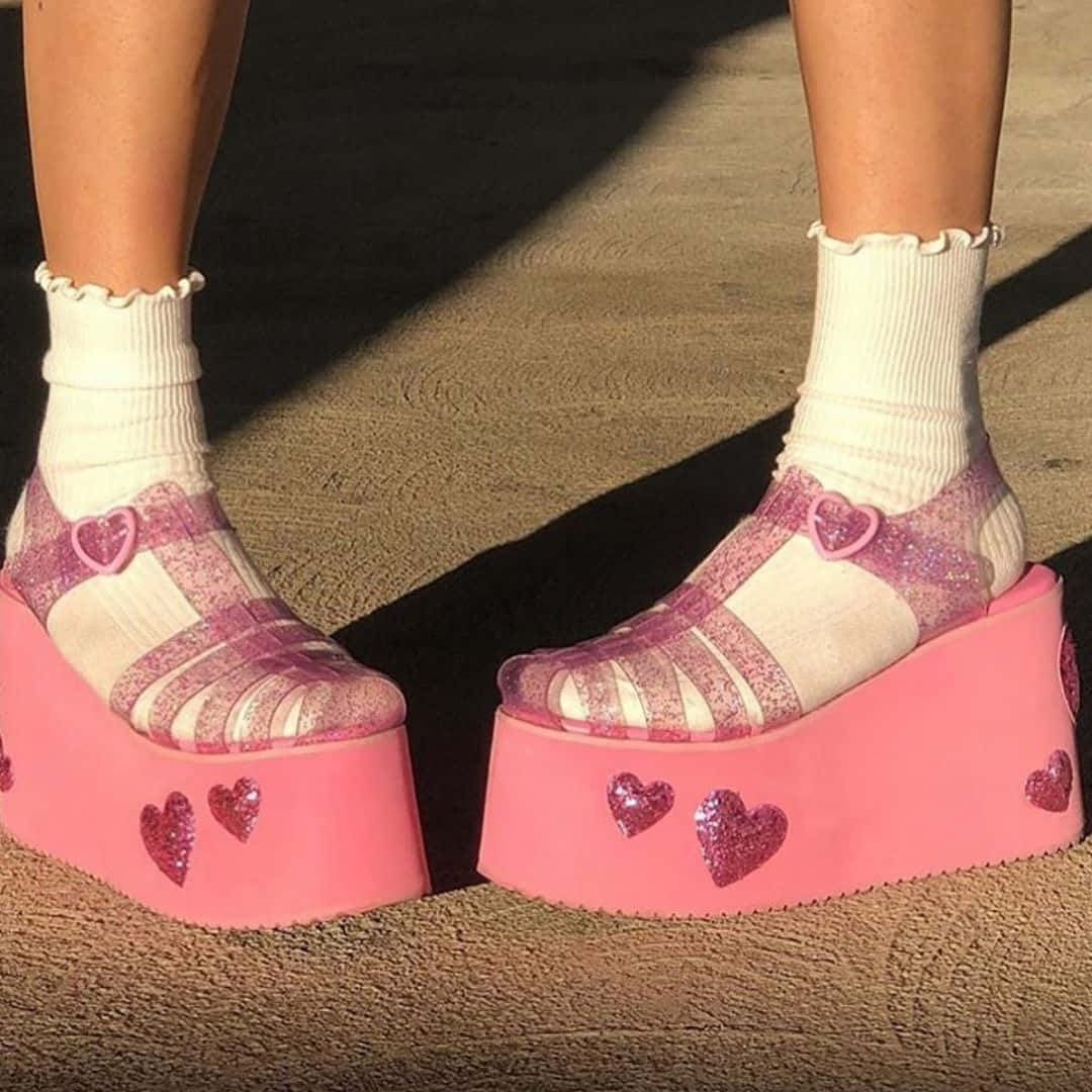 Pink Shoes 桌布 壁紙 — 木地板上，腳穿特大粉紅色亮粉厚底鞋，飾有心形圖案及白色荷葉邊襪子的特寫。
