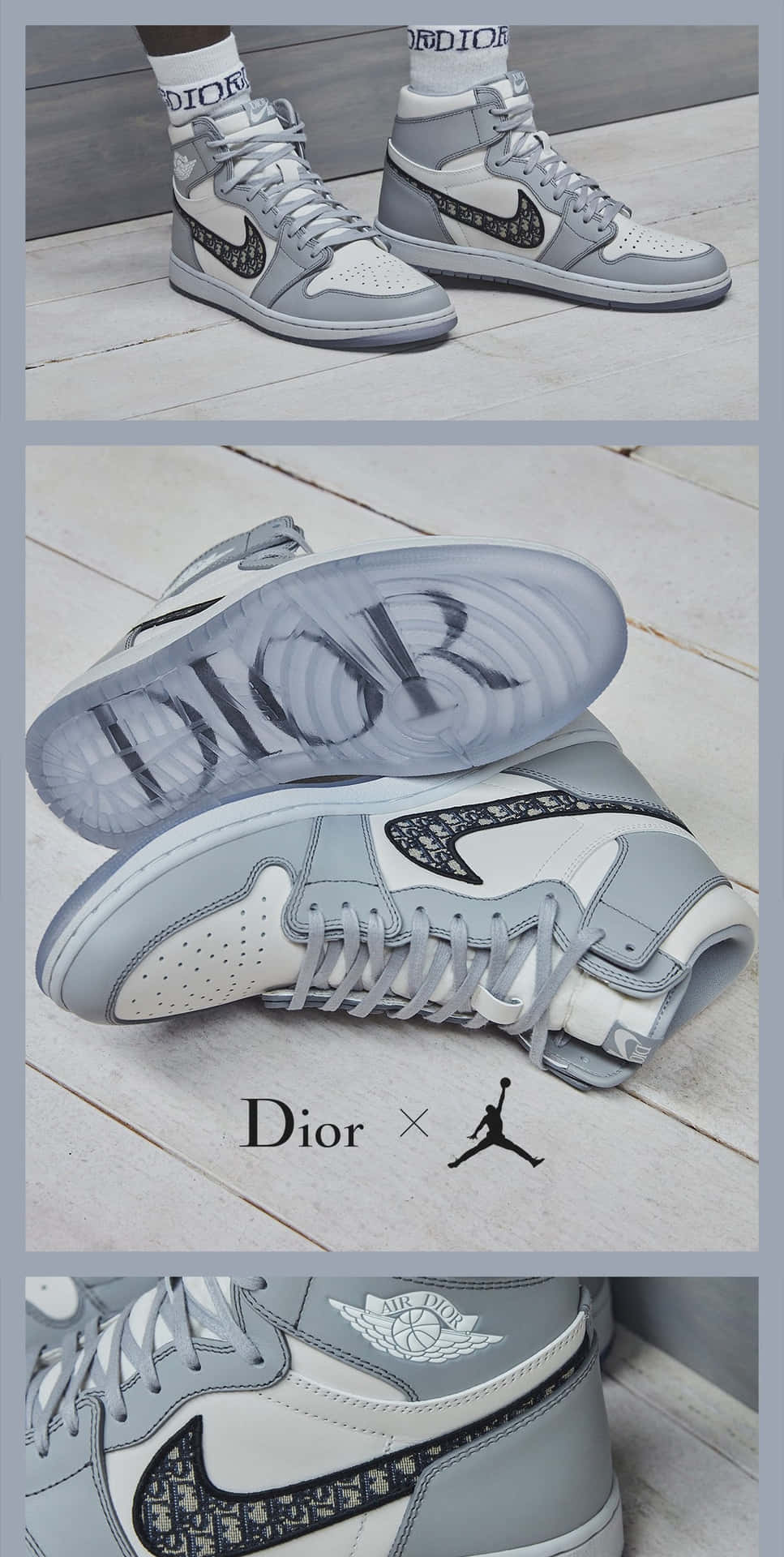 Dior 動態 桌布 壁紙 — 木地板上灰色和白色Dior x Jordan 1運動鞋的特寫拼貼，品牌標誌清晰可見。