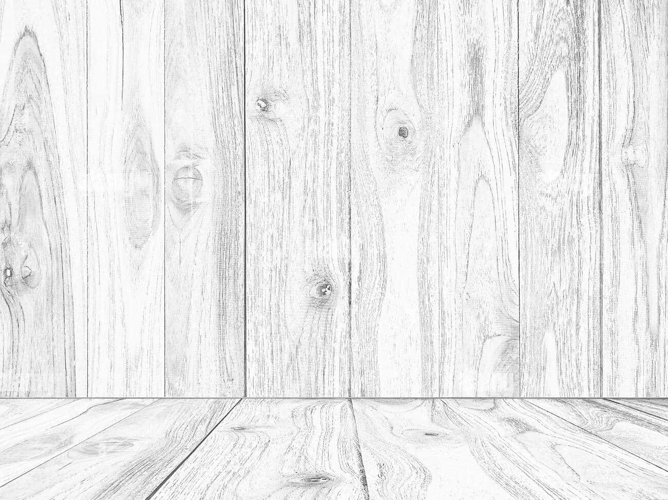 White Wood 桌布 壁紙 — 木地板和牆壁的極簡黑白素描，紋理和節疤清晰可見。