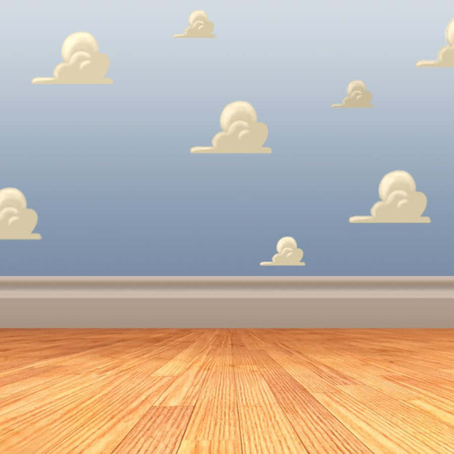 木地板和藍色牆壁，上方漂浮著卡通雲朵。 — 玩具總動員 GIF 壁紙