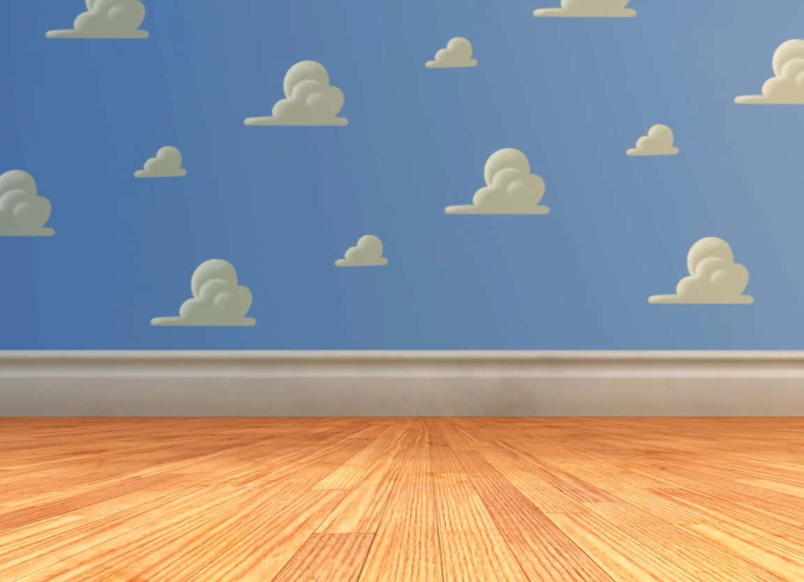 Toy Story Cloud 桌布 壁紙 — 木地板與裝飾著風格化白色雲朵的藍色牆壁相遇，營造出一個夢幻的室內天空場景。