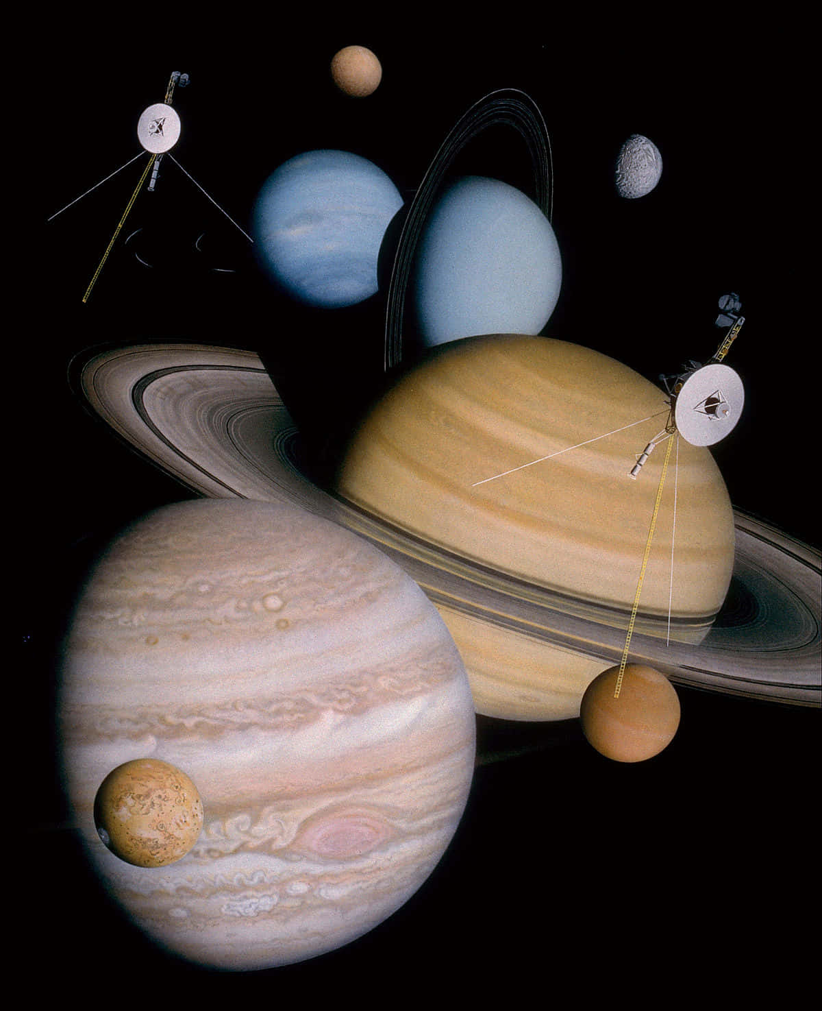 太空 桌布 壁紙 — 木星、土星及其衛星，以及太空船在黑色虛空中運行的宇宙拼貼。