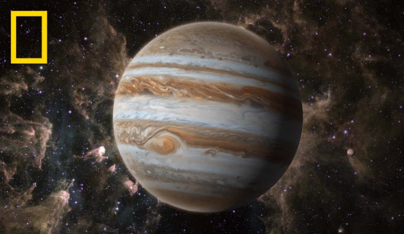 木星 桌布 壁紙 — 木星主宰宇宙場景，以米色和白色的漩渦帶狀紋理襯托星場和星雲。