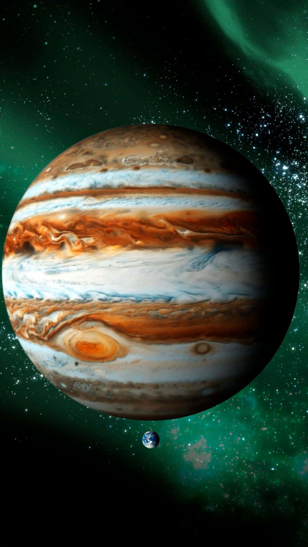 行星動畫 桌布 壁紙 — 木星主宰宇宙場景，帶有旋轉的橙色和白色條紋，而地球在下方顯得渺小，背景是佈滿星星的綠色星雲。
