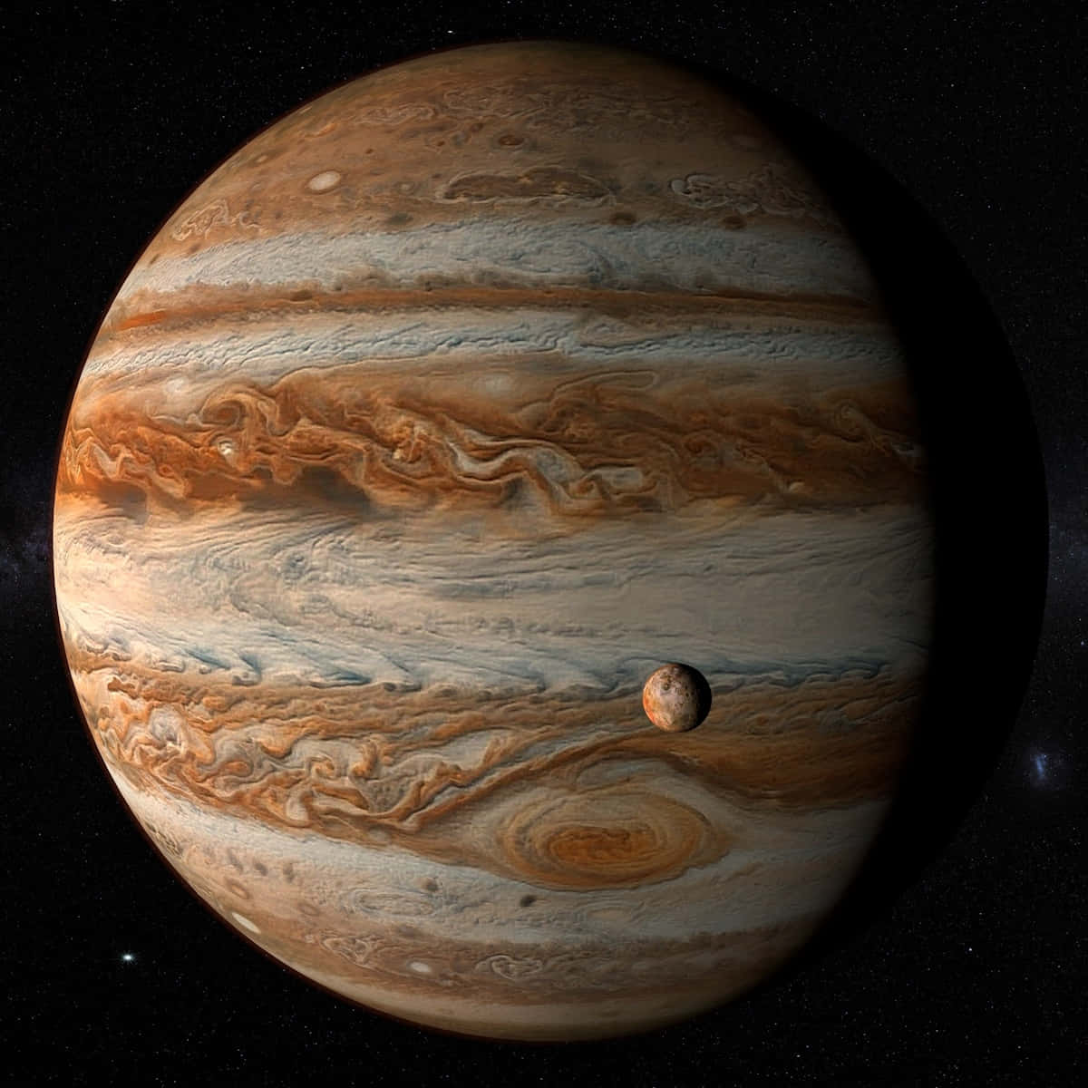 木星 桌布 壁紙 — 木星主導整個畫面，呈現出橙色、米色和白色雲層的漩渦帶，一顆小衛星在附近繞行，背景是繁星點點的黑色虛空。