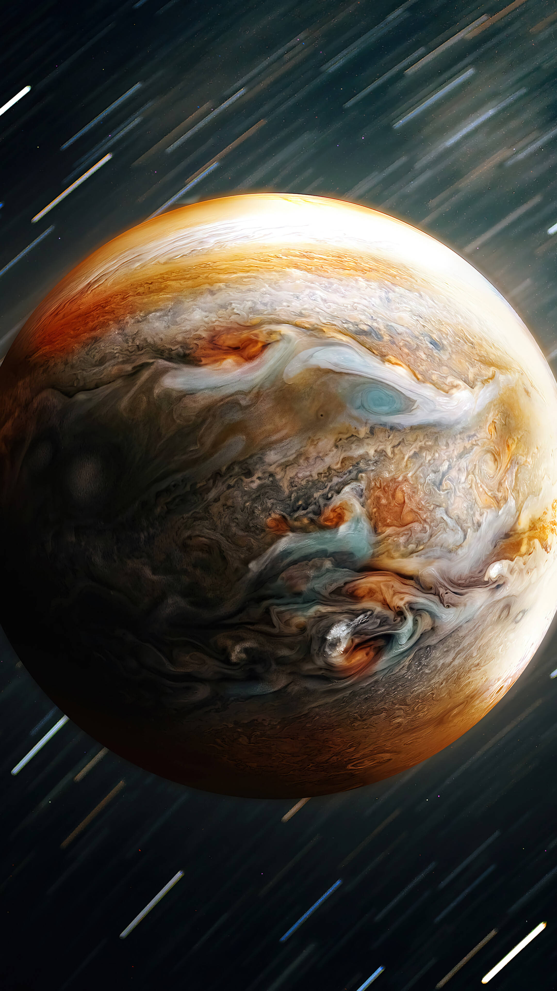 Space 4K Phone 桌布 壁紙 — 木星主導畫面，呈現出由宇宙運動軌跡劃過的橙色、棕色和白色漩渦雲層。