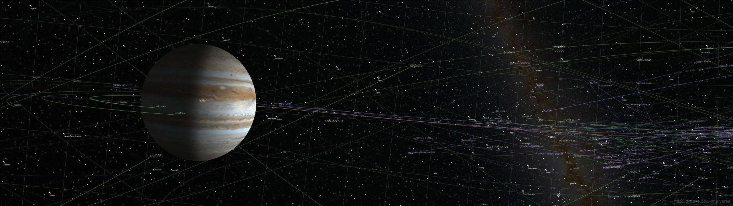 深空中帶有發光宇宙細絲和遙遠星雲的木星。 — 4K雙螢幕壁紙 壁紙