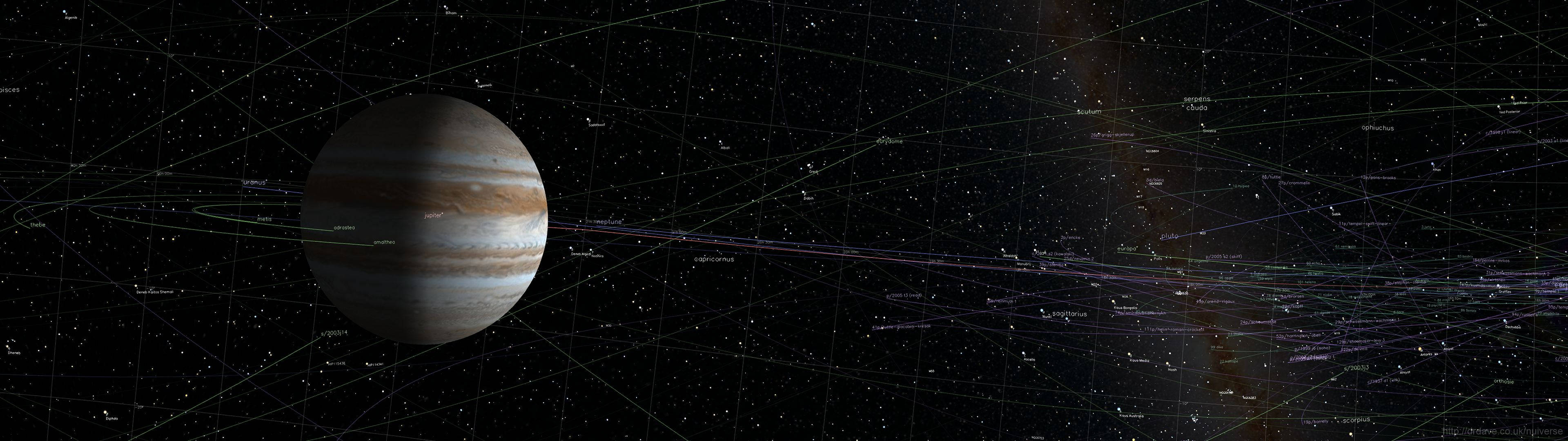 高清 桌布 壁紙 — 木星在佈滿恆星的天空中顯得巨大，背景有發光的宇宙細絲和暗淡星雲。