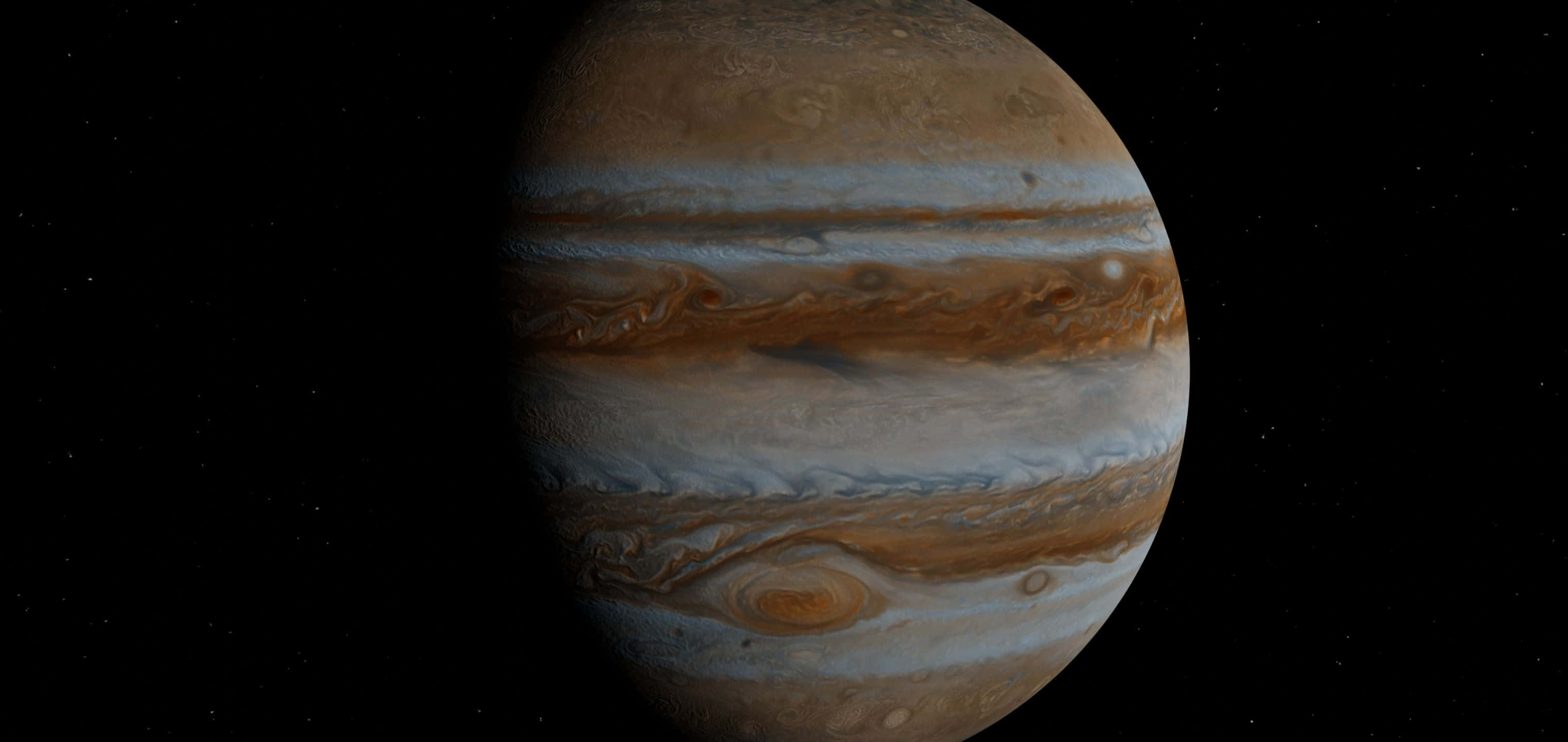 3040x1440 桌布 壁紙 — 木星在太空中顯得巨大，帶有橙色、棕色和白色的漩渦帶，背景是星空。