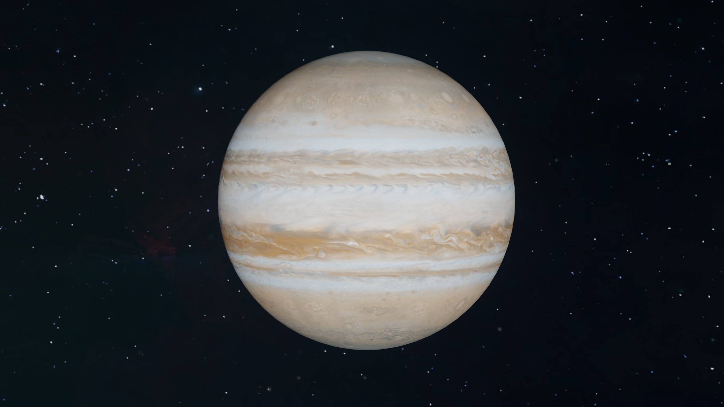 Stars 桌布 壁紙 — 木星在星空中顯得巨大，其旋轉的米色和奶油色條紋在宇宙黑暗中柔和地發光。