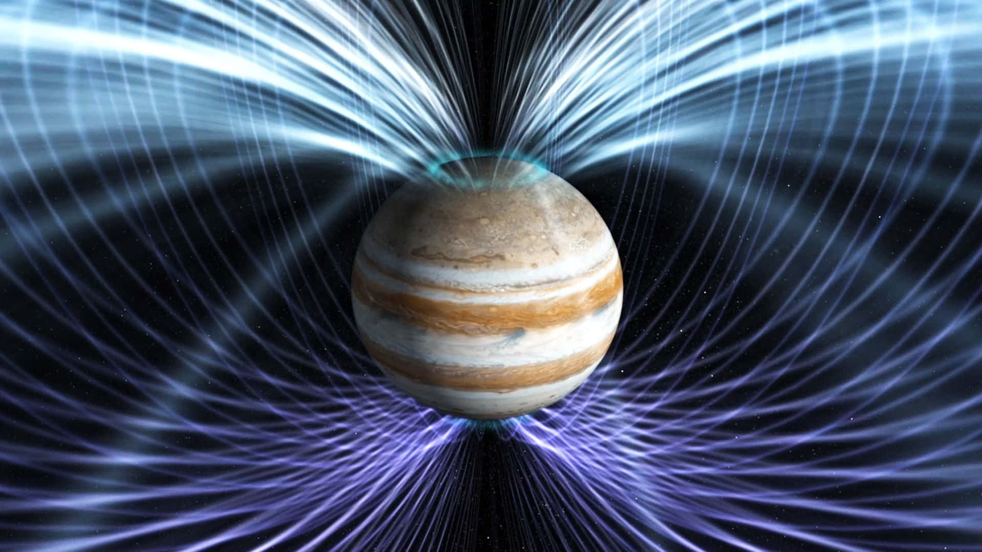 Magnetic Field 桌布 壁紙 — 木星在繁星點點的宇宙背景下散發出充滿活力的藍色和紫色磁場線。