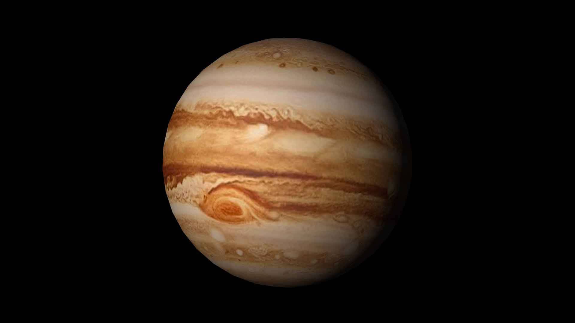 木星 桌布 壁紙 — 木星在虛空中顯得巨大，其米色和棕色條紋的漩渦帶以及大紅斑佔據了畫面。