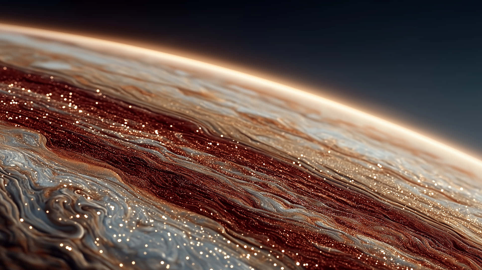 Glimmering View of Jupiter's Swirling Storms from Orbit 壁紙 — 木星漩渦大氣帶的近距離視圖，在黑暗太空的虛空中閃爍琥珀色和奶油色調。