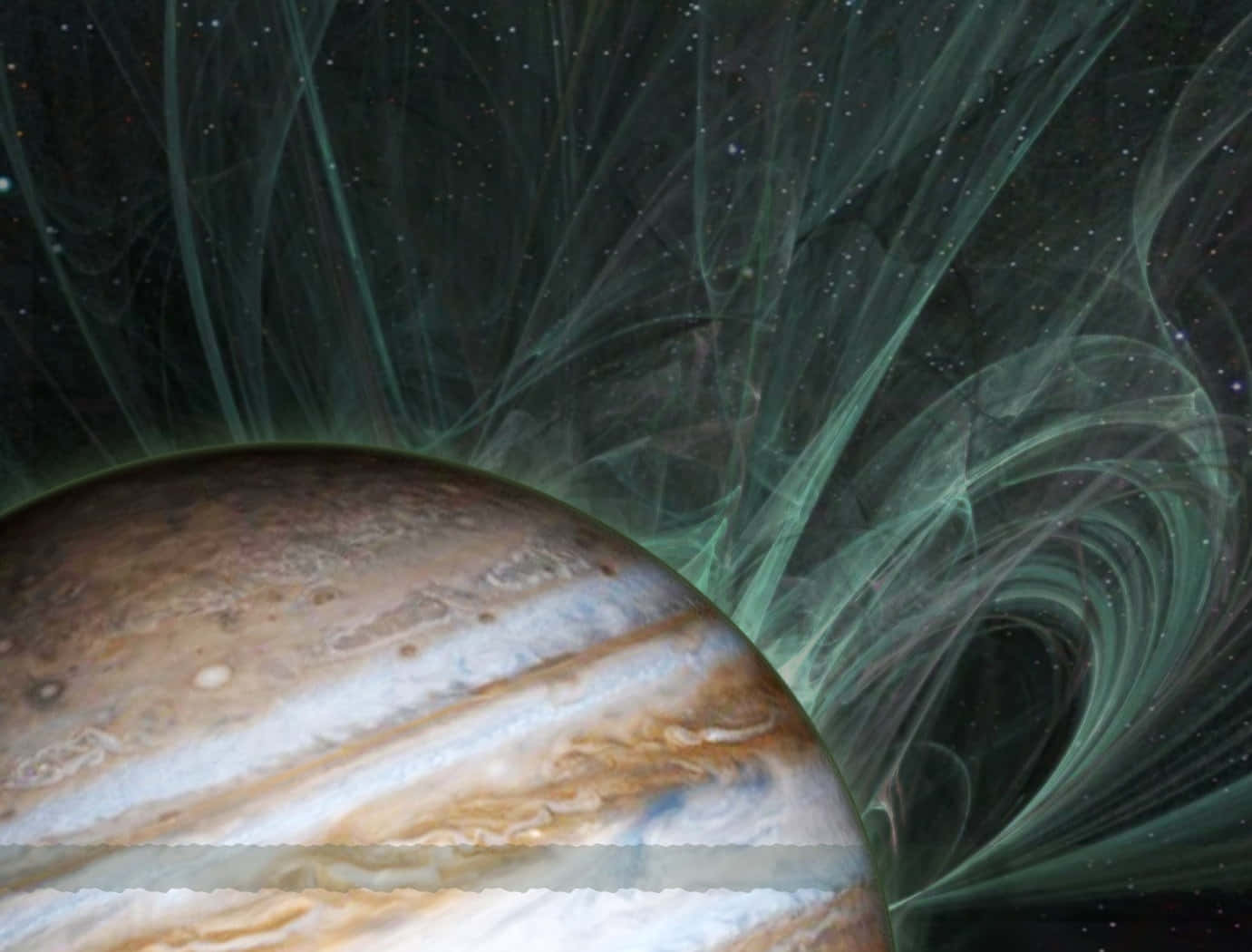 Celestial Bodies 桌布 壁紙 — 木星的旋轉風暴和發光綠色磁層在星光宇宙背景下放射。