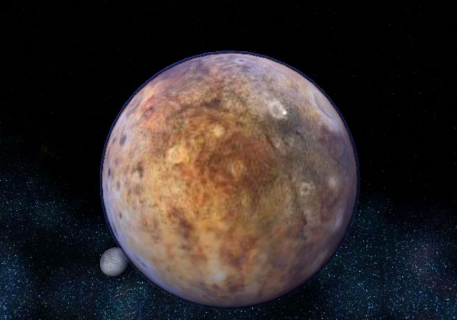 pluto 桌布 壁紙 — 木星的詳細視圖，呈現其旋轉的橙色和棕色雲層，旁邊有一顆小衛星，背景是繁星點點的黑色天空。