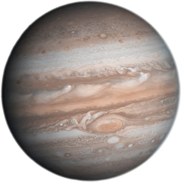 Planets 桌布 壁紙 — 木星的詳細視圖，展示其旋轉的雲帶和大紅斑，背景為黑色太空。