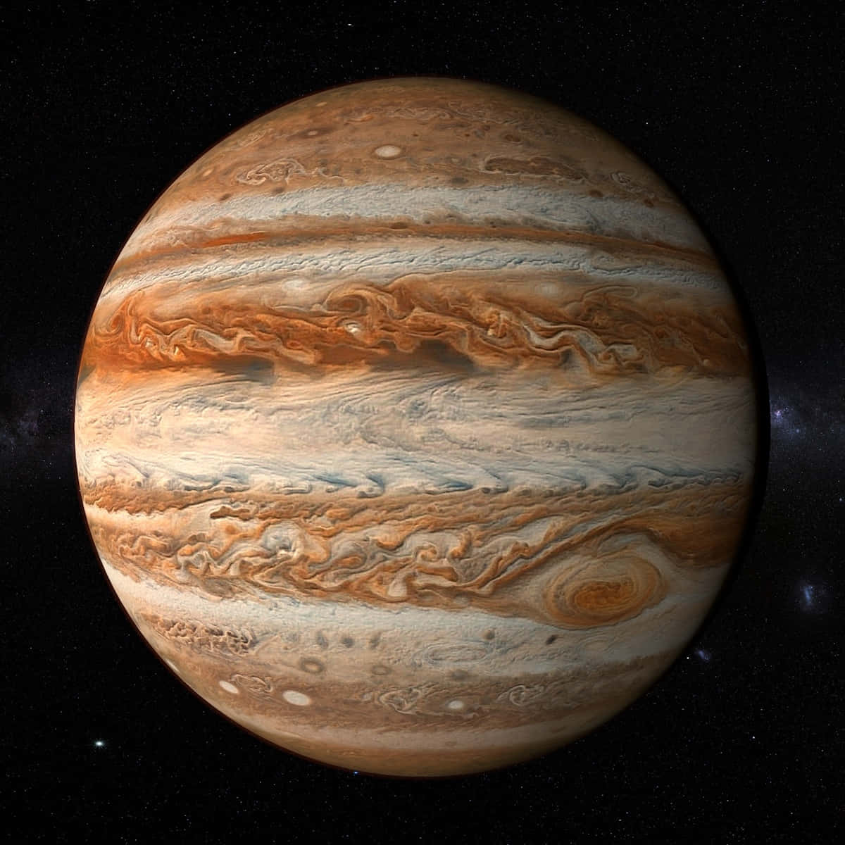 木星 桌布 壁紙 — 木星的詳細視圖，展示在繁星點點的黑色太空背景下旋轉的橙色、白色和棕色雲帶。