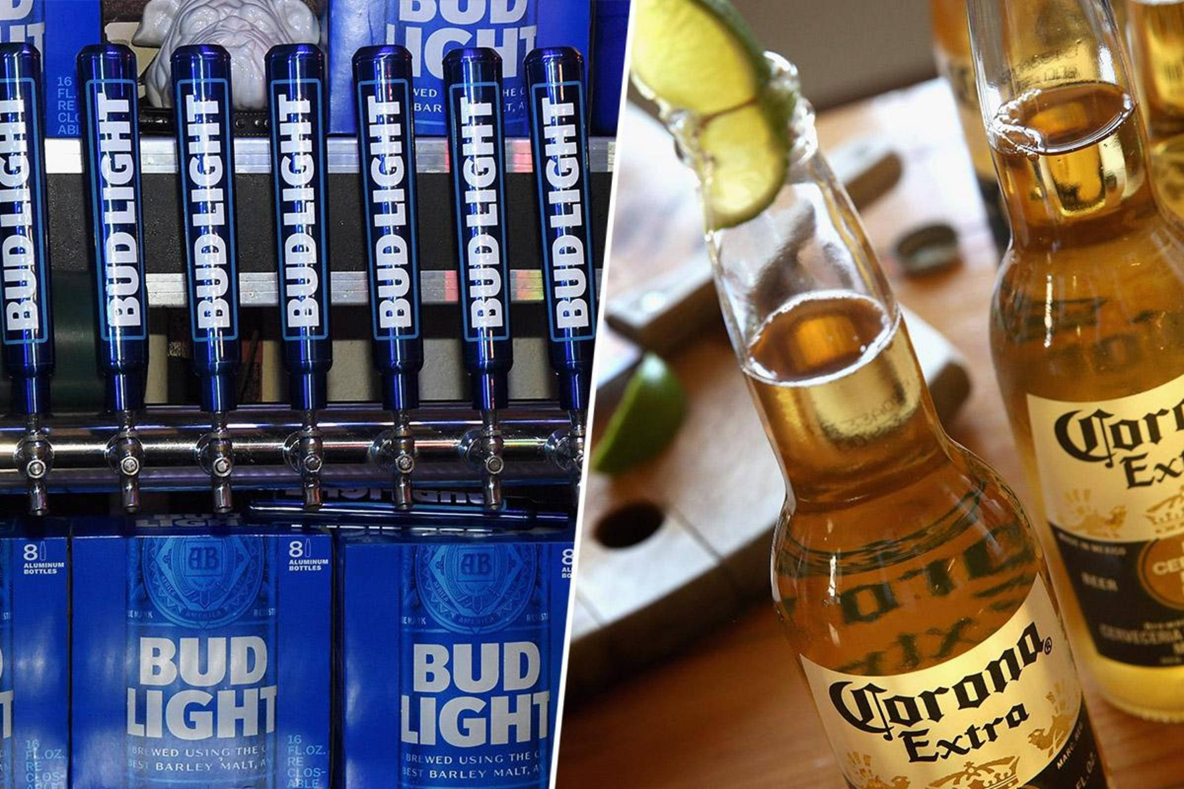 corona 桌布 壁紙 — 木桌上Bud Light啤酒龍頭與Corona Extra瓶裝及萊姆角的拆分視圖。