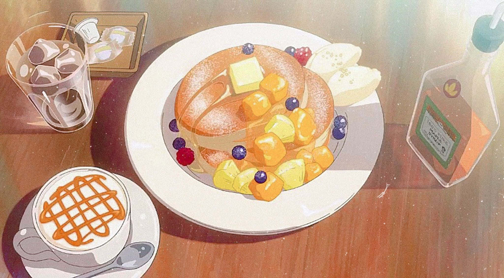 Brunch 桌布 壁紙 — 木桌上擺放著溫暖的早餐拼盤，包括金黃色鬆餅配上奶油水果和糖漿，旁邊有焦糖拿鐵和冰飲。
