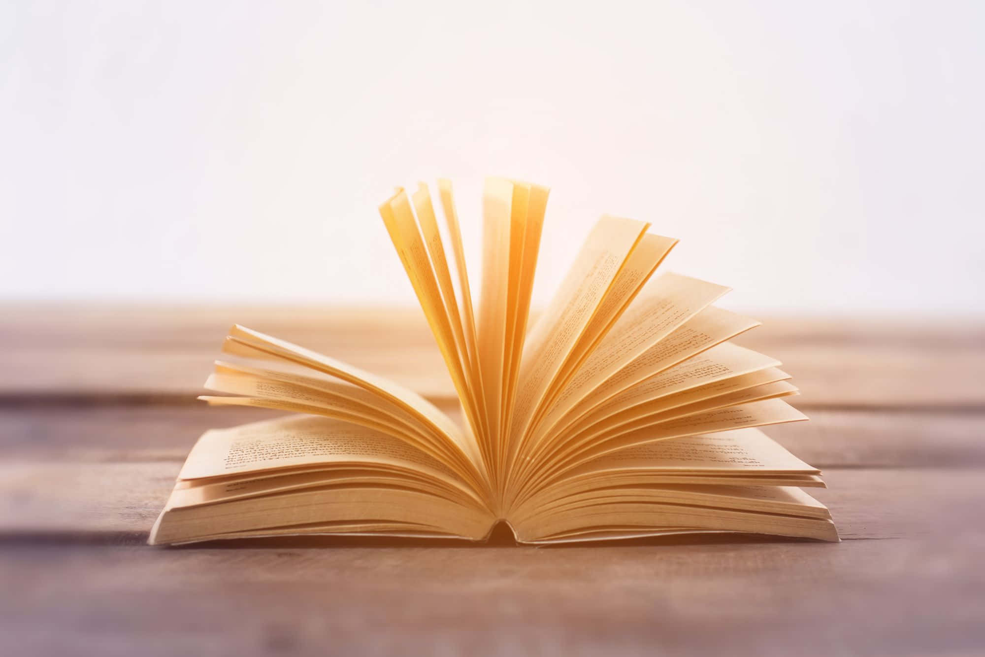 木桌上的一本翻開的書 壁紙