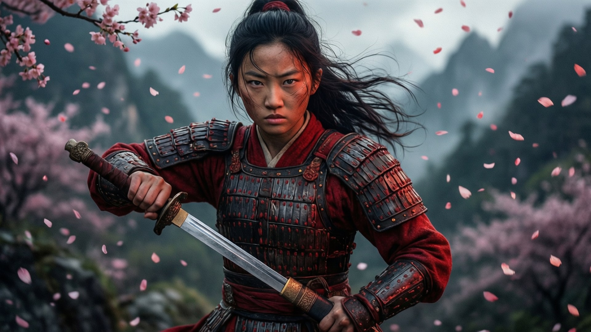 木蘭的戰士精神 壁紙 — 一位身穿紅色盔甲的兇猛女戰士在霧氣繚繞的山巒背景下，緊握著劍，周圍櫻花飄落。