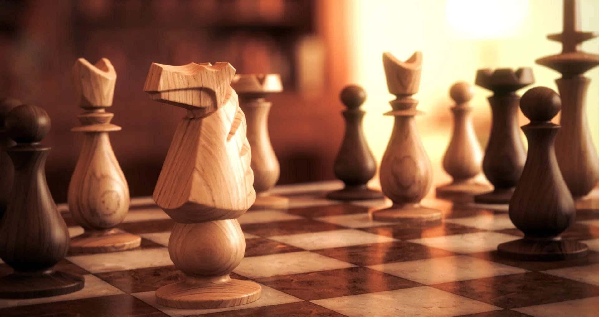 西洋棋 桌布 壁紙 — 木製國際象棋棋子的特寫，在格紋棋盤上，沐浴在溫暖金色光線中，景深較淺。