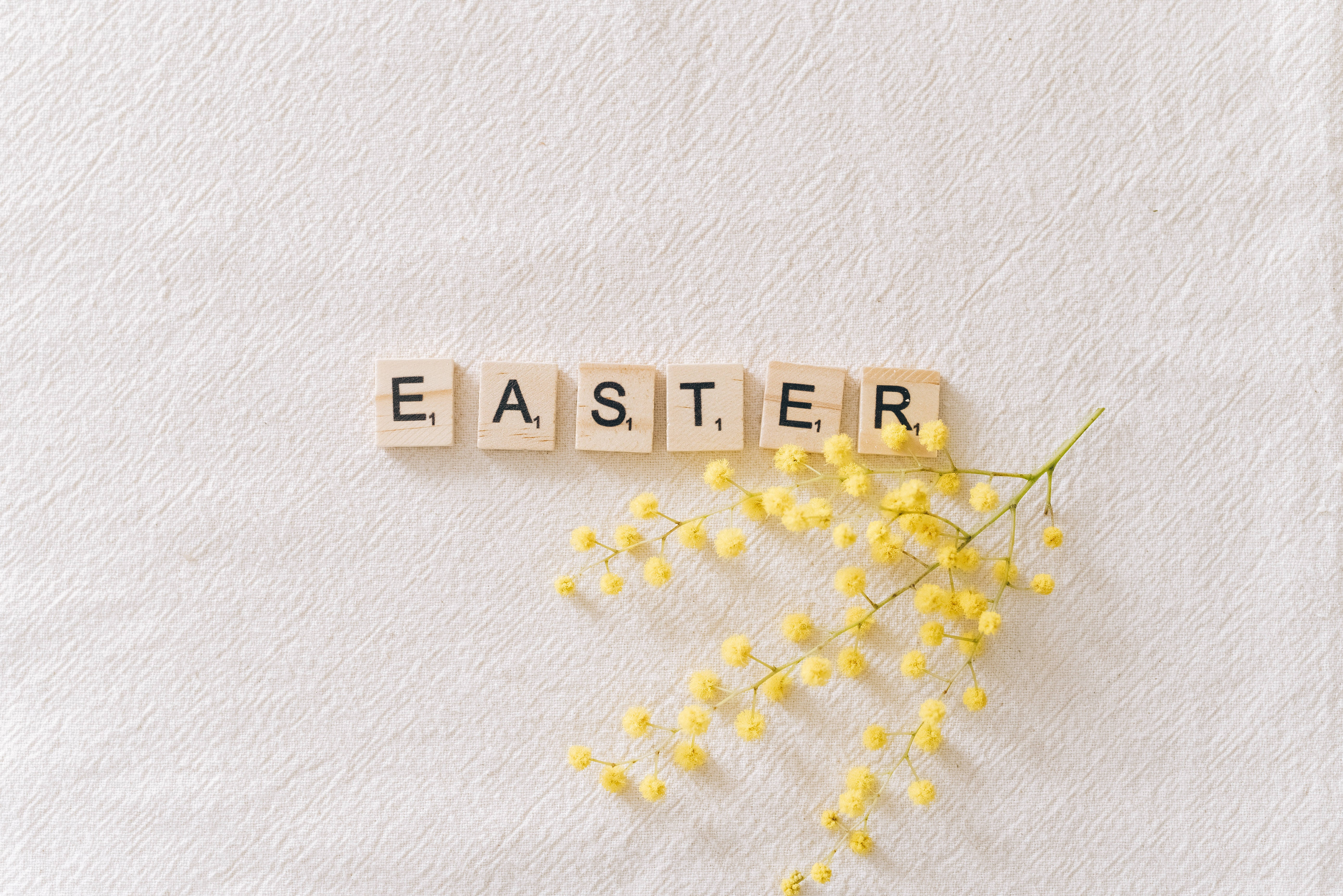 Happy Easter 桌布 壁紙 — 木製拼字磚拼出復活節，放在白色紋理表面上，旁邊有精緻的黃色含羞草花。