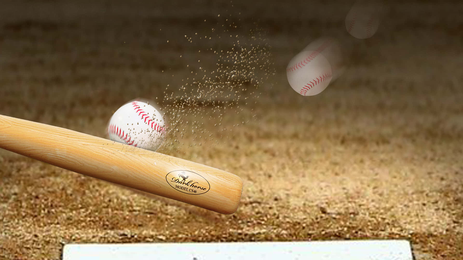 baseball bat 桌布 壁紙 — 木製棒球棒擊中球，在陽光明媚的球場上揚起泥土。