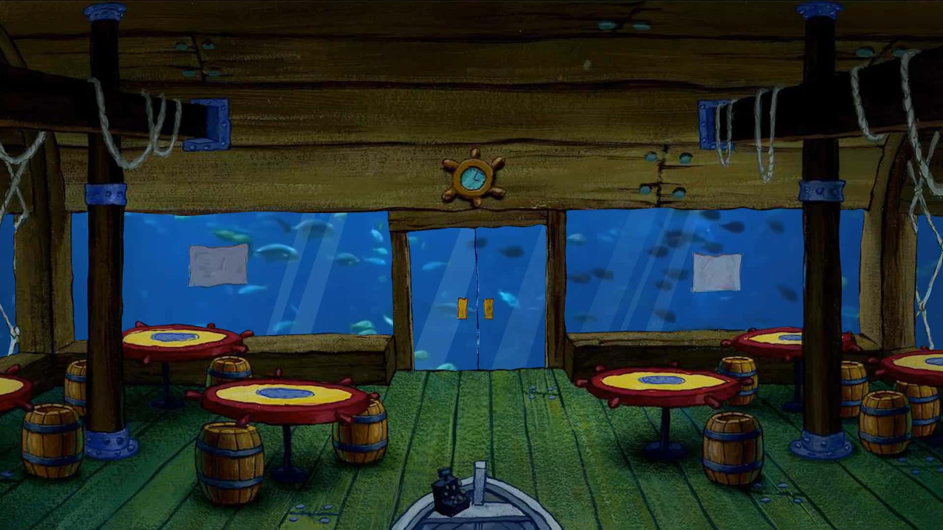 Spongebob Zoom 桌布 壁紙 — 木製潛艇餐廳內部，設有桶形桌子、窗外游動的魚類和門上方的船輪。