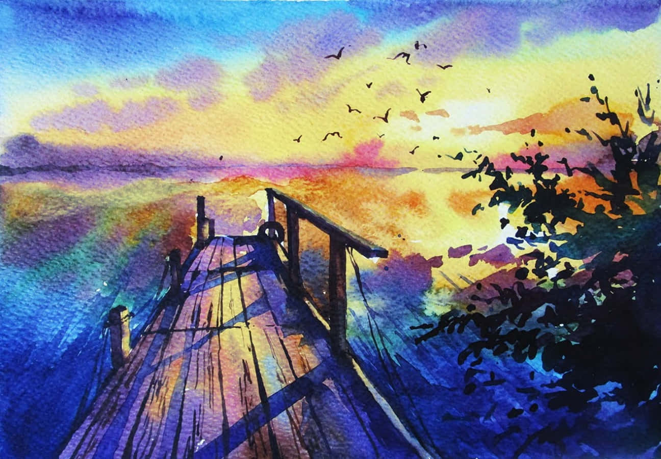 Watercolor 桌布 壁紙 — 木製碼頭延伸到充滿活力的日落天空，鳥兒在頭頂飛翔，右側有剪影般的樹葉。