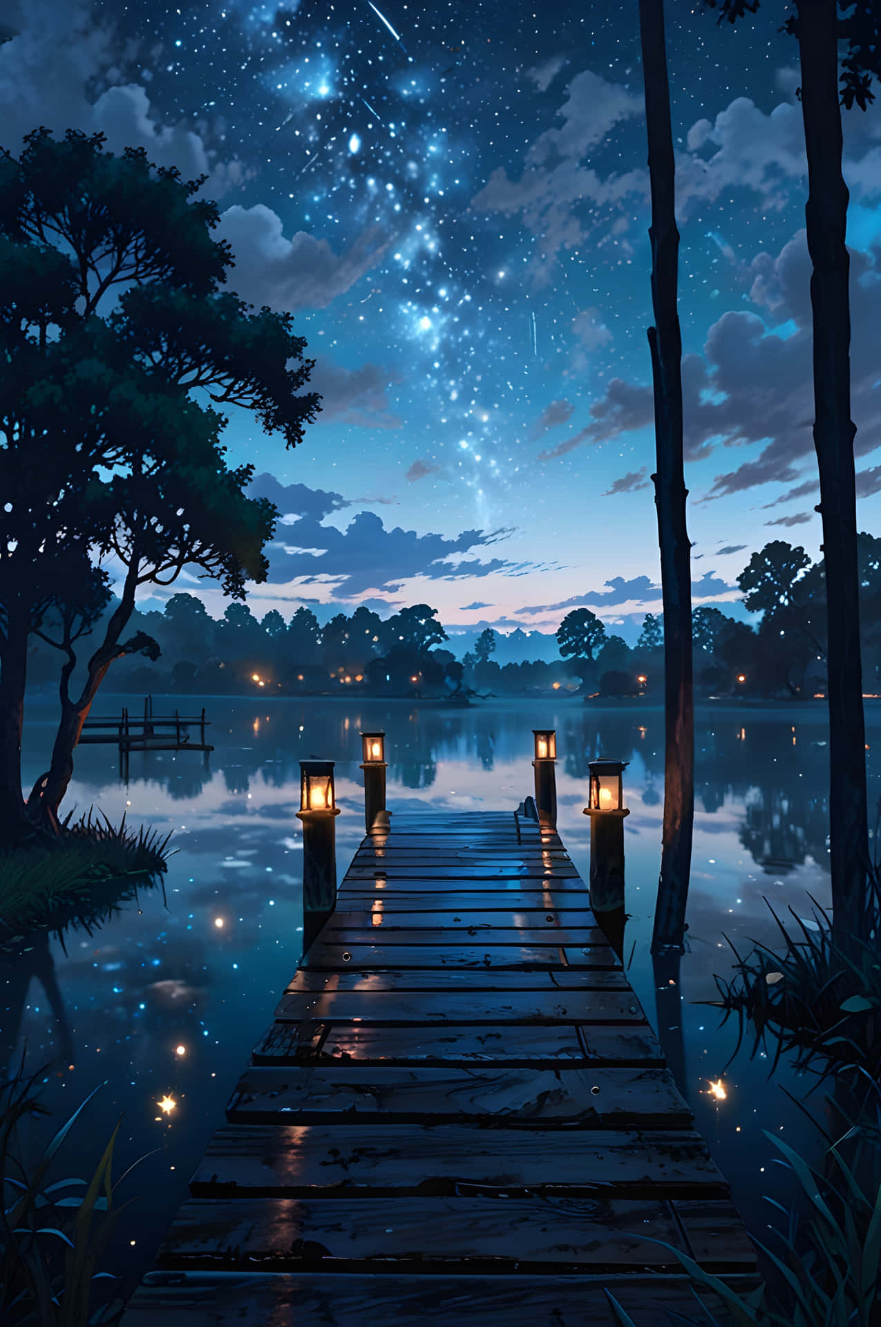 Milky Way Over the Lake 壁紙 — 木製碼頭延伸至霧氣瀰漫的湖泊，星空暮色下，燈籠閃爍，螢火蟲飛舞。