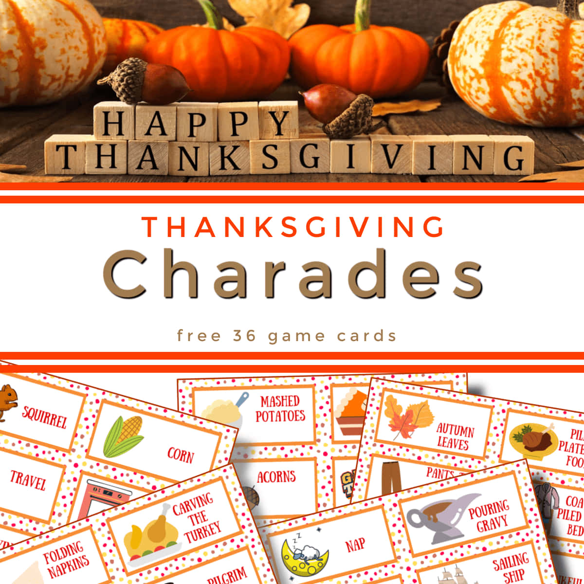 Fall Thanksgiving 桌布 壁紙 — 木製積木拼出 happy thanksgiving，周圍有南瓜、橡果和秋葉，上方是感恩節主題的猜謎遊戲卡。