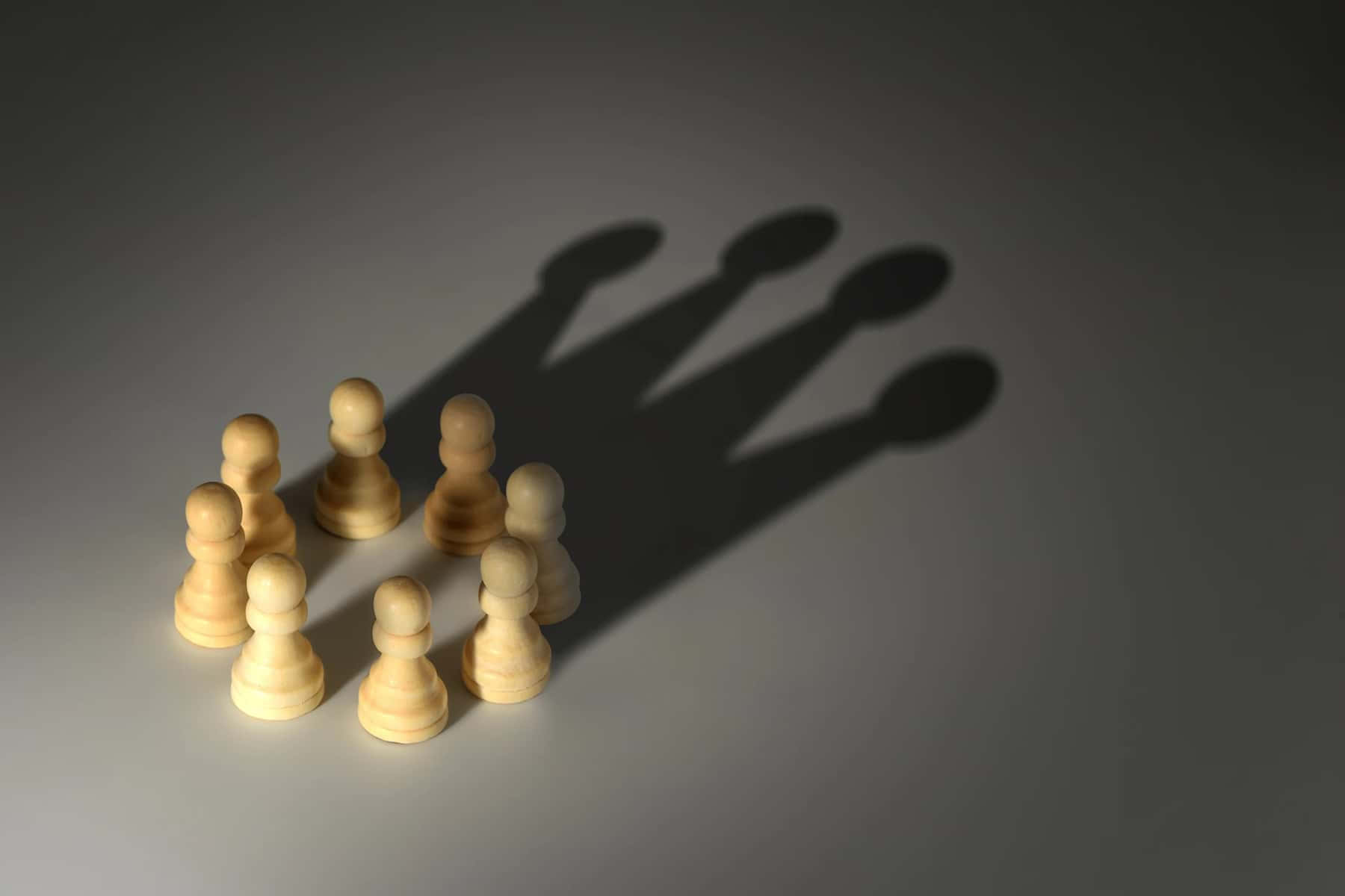 Racism 桌布 壁紙 — 木製西洋棋兵卒排列成圓圈，在灰色表面上投射出皇冠形狀的陰影。