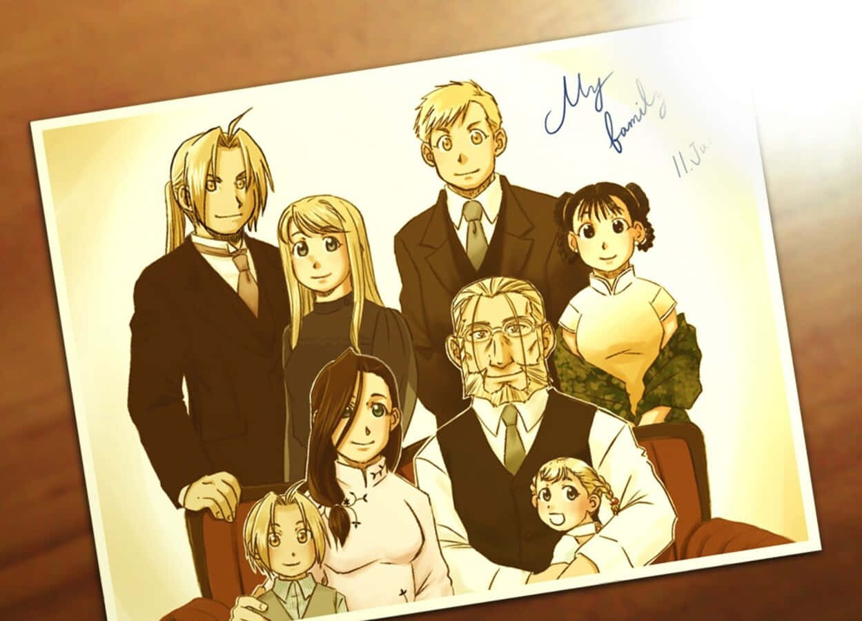 Van Hohenheim 桌布 壁紙 — 木質表面上的暖色調動畫家庭肖像，附有手寫草書「My family」。