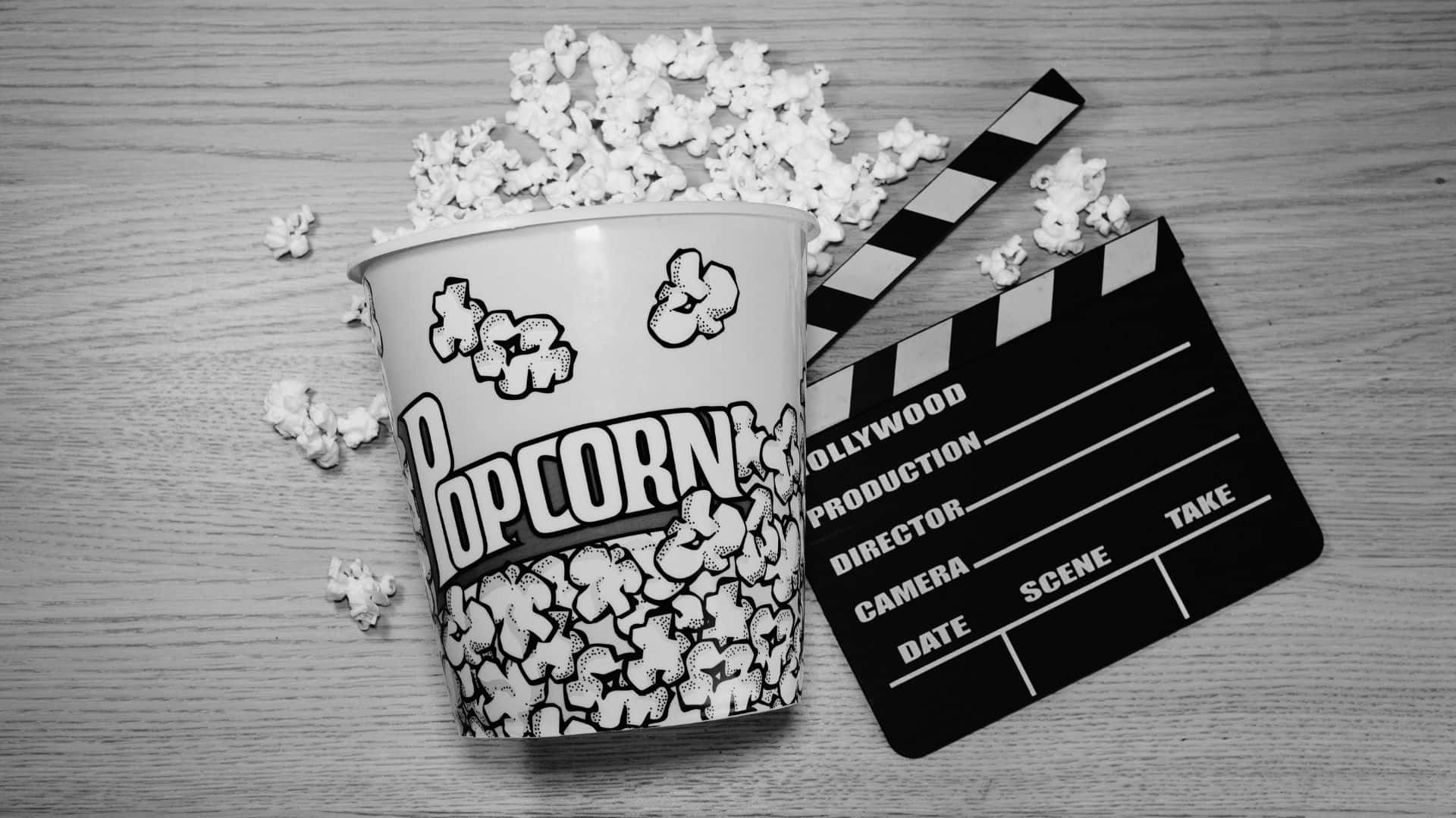 Black And White Movie 桌布 壁紙 — 木質表面上的黑白靜物，有一個爆米花桶和拍板，周圍散落爆米花。