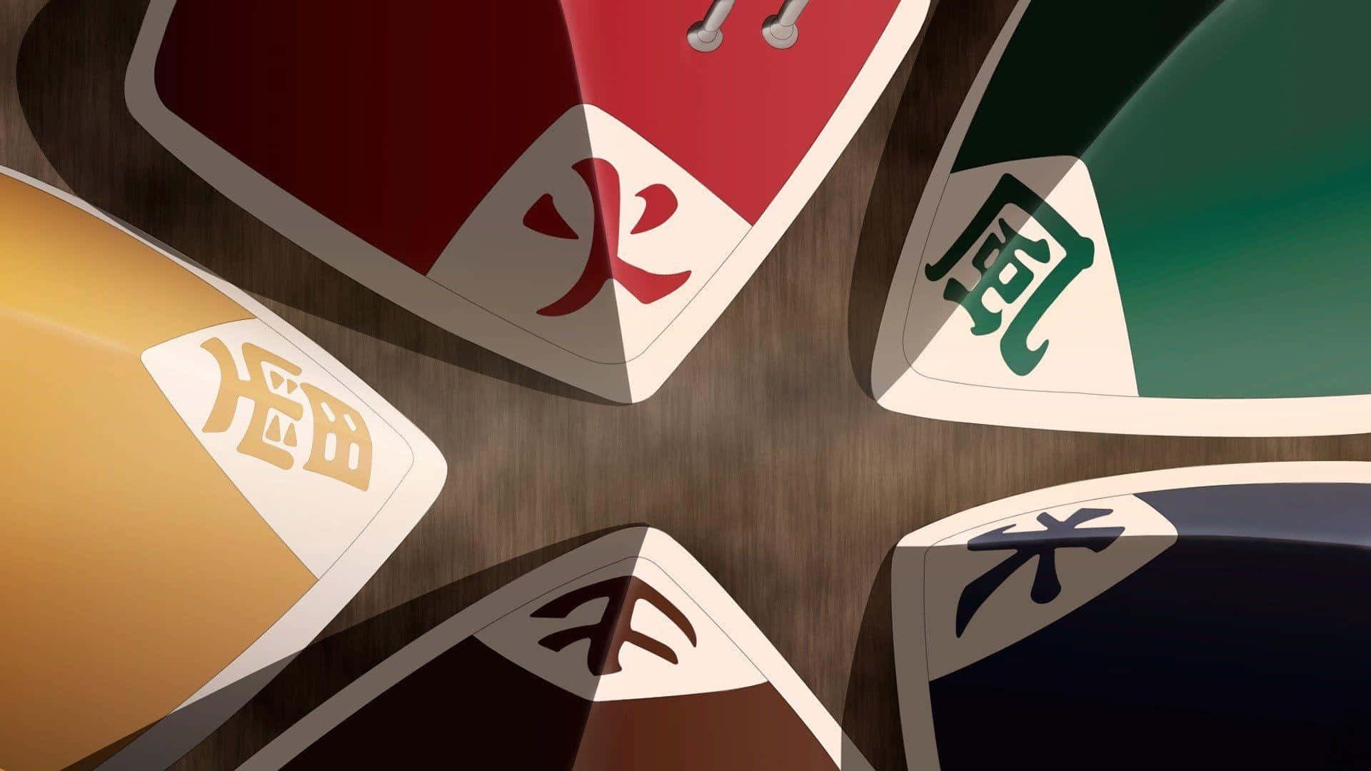 Five Kage Summit 桌布 壁紙 — 木質表面上色彩繽紛的麻將牌，帶有漢字，排列成星爆圖案的近距離特寫。