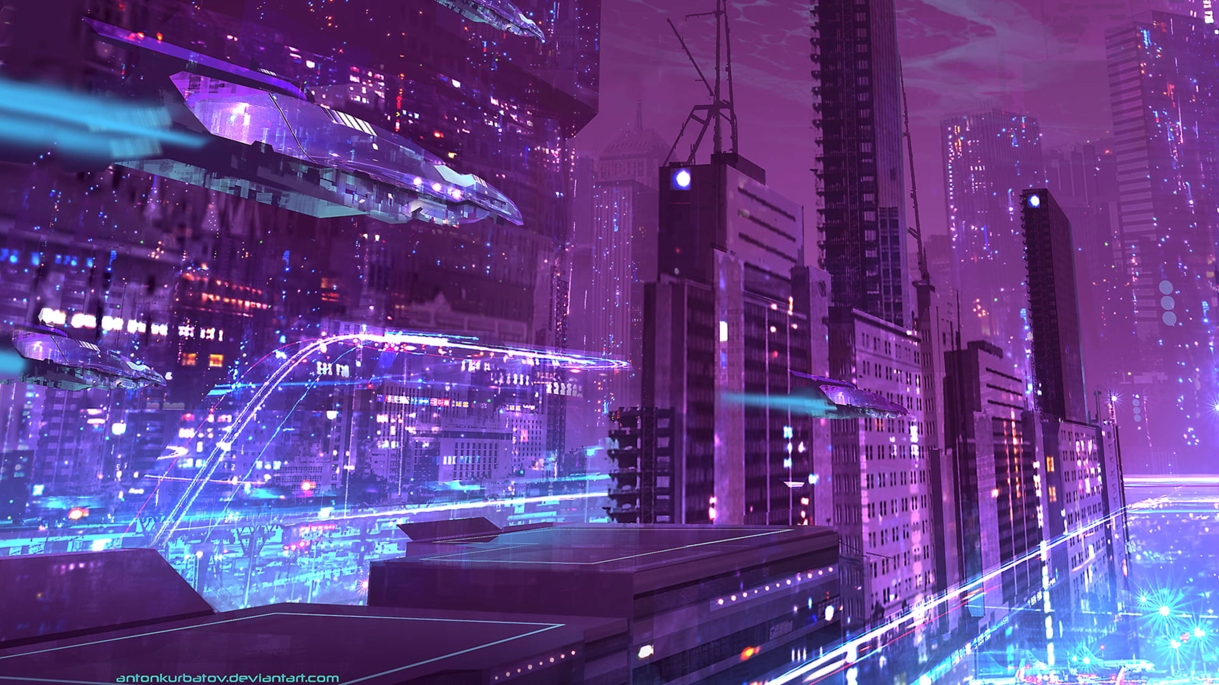 Violet Aesthetic 桌布 壁紙 — 未來主義城市夜景，帶有發光的紫色和藍色霓虹燈，以及在高聳摩天大樓之間飛行的車輛。