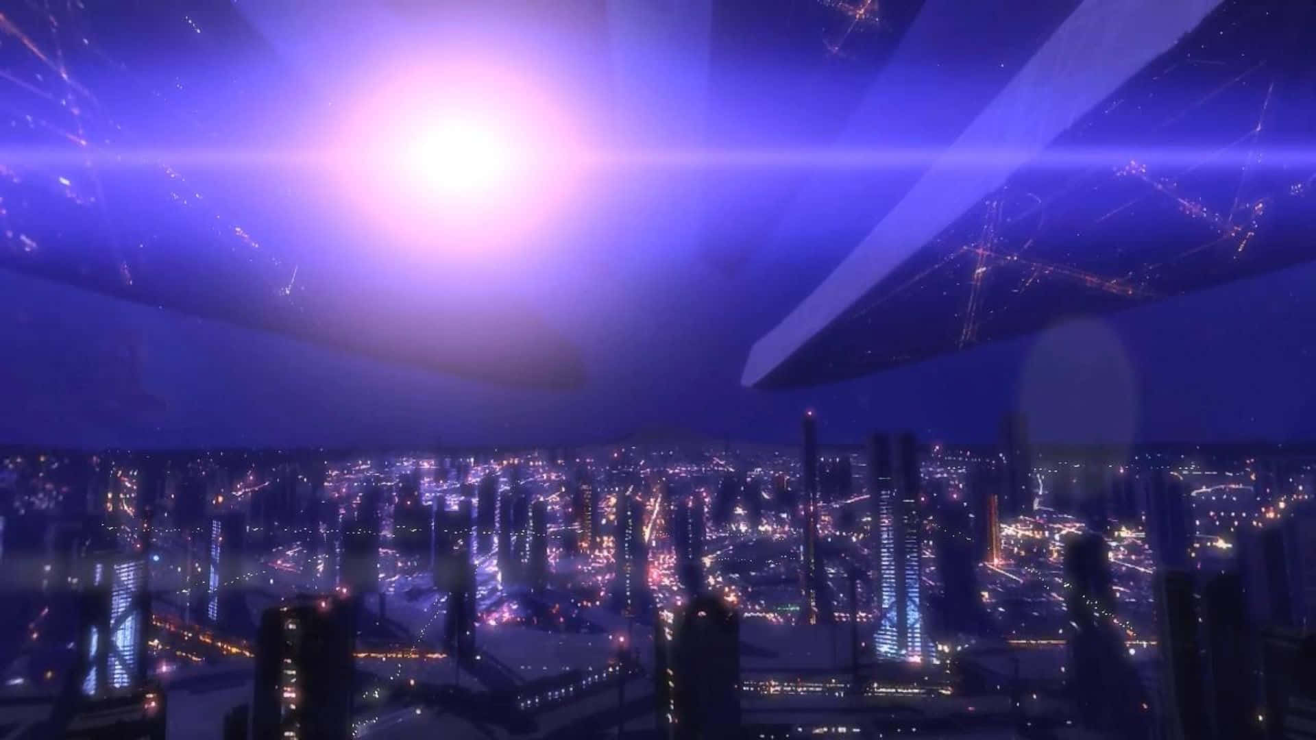Mass Effect Citadel 桌布 壁紙 — 未來主義城市夜景，沐浴在充滿活力的紫色光芒中，發光的摩天大樓和頭頂上漂浮的幾何結構。