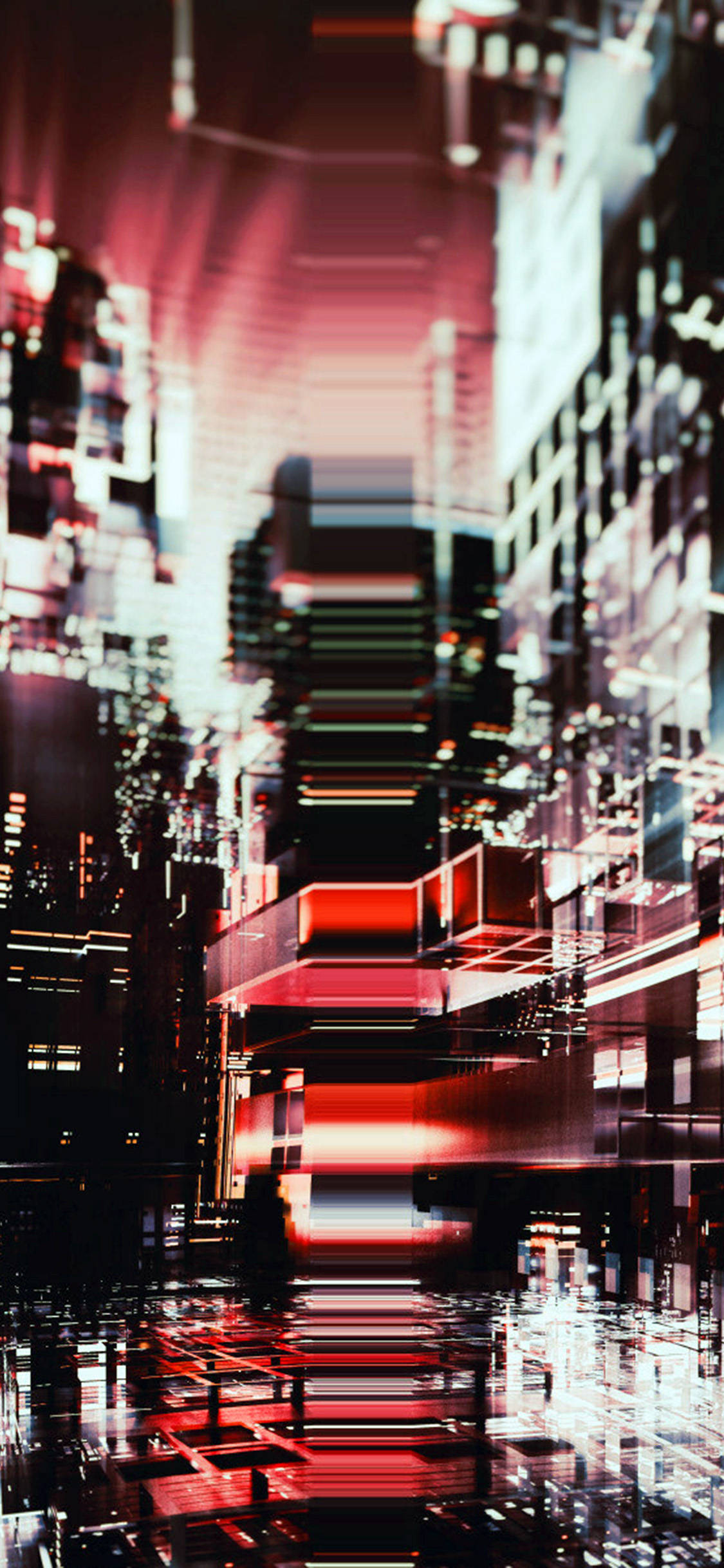 Red And Black iPhone 桌布 壁紙 — 未來主義城市夜景，紅色和白色霓虹燈在潮濕的街道上反射。