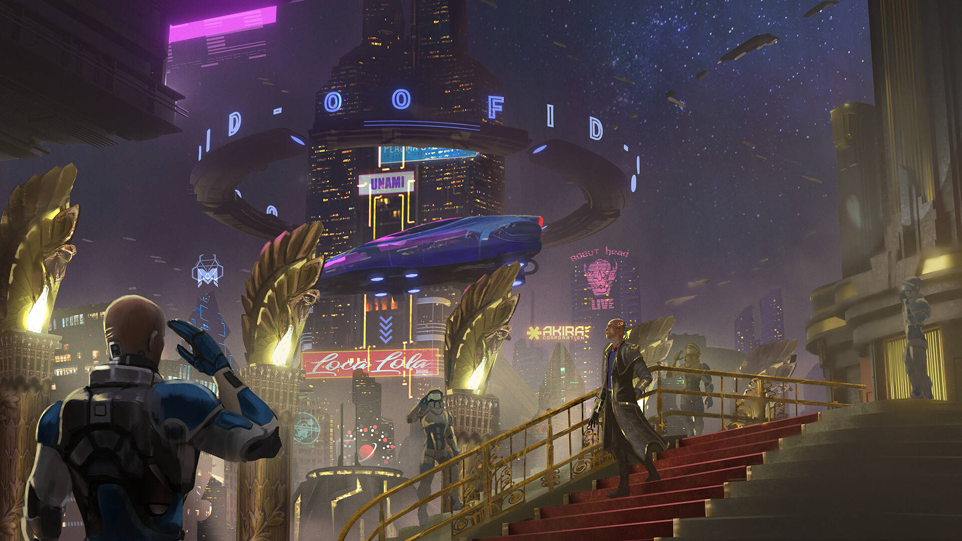 Sci Fi Landscape 桌布 壁紙 — 未來主義城市夜景，霓虹燈牌、飛行車輛和裝甲人物在發光樓梯上，星空下。