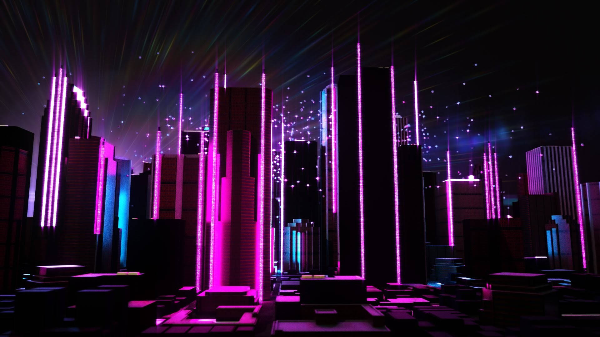 美學 桌布 壁紙 — 未來主義城市夜景，高聳的摩天大樓在星空下閃爍著充滿活力的粉紅色和藍色霓虹燈。