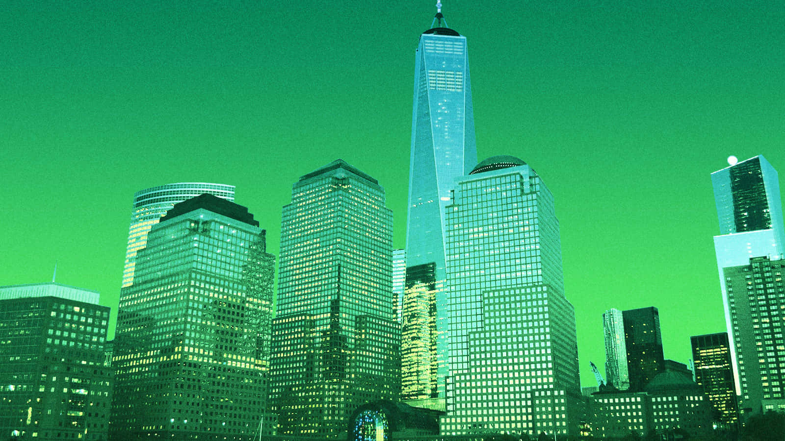 New York 桌布 壁紙 — 未來主義城市天際線，沐浴在霓虹綠光中，高聳的摩天大樓和發光的窗戶。